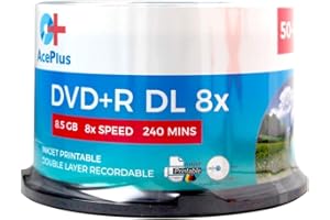 AcePlus 50-pk DVD+R Dual Layer White Inkjet Hub-Printable Discs with 8X Recording Speed and 8.5 GBS of Storage in Cakebox Spi