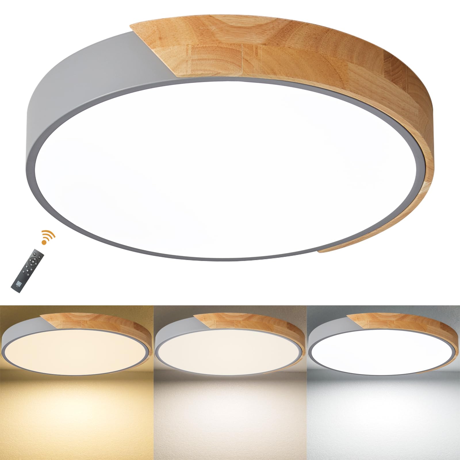 LuFun Dimmable Ceiling Lights,24W Grey Round Modern Wood Flush Mount Ceiling Light, Light Fitting Ceiling for Living Room Bedroom Kitchen Lounge Hallway,Ø 30cm — image 1