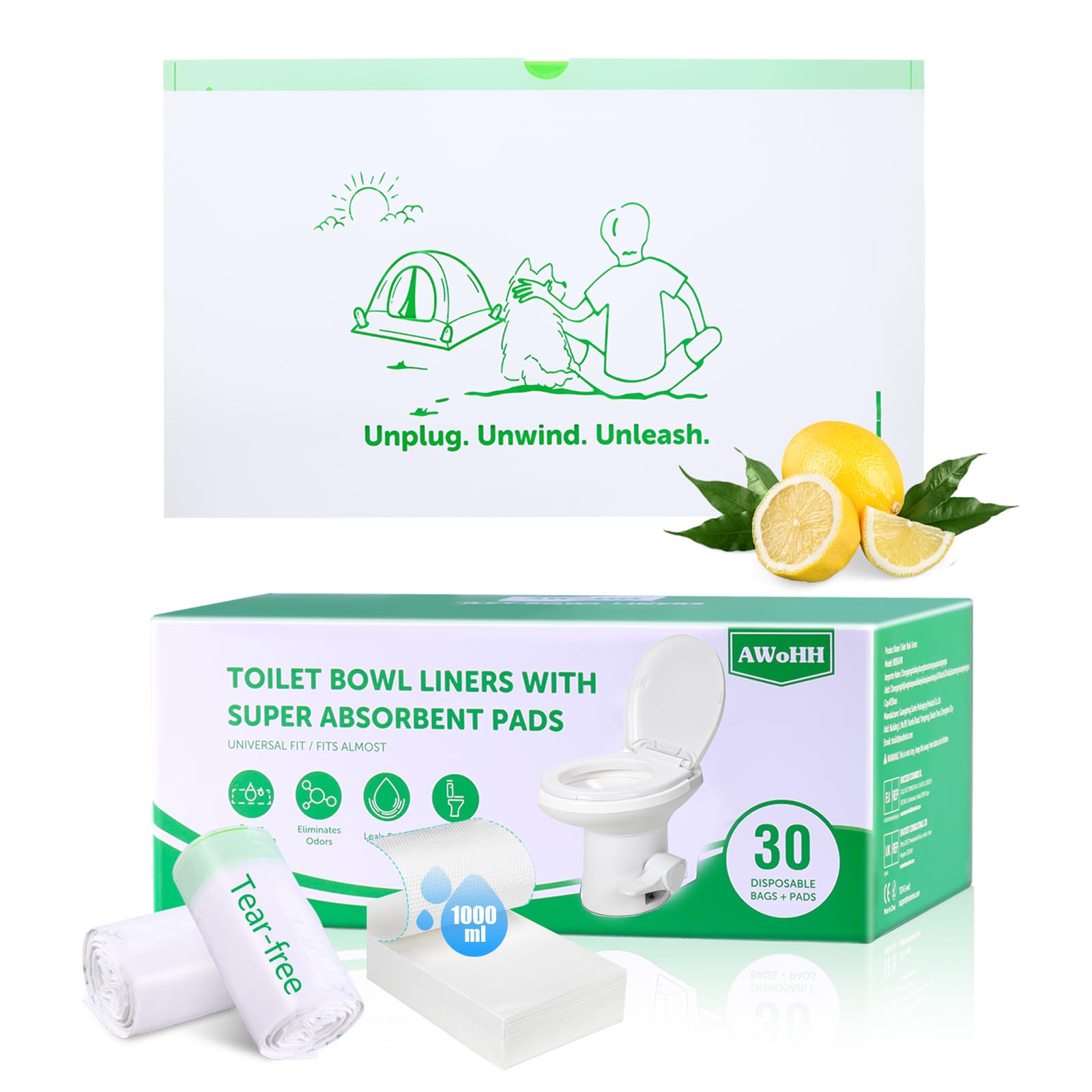 Photo 1 of Toilet Liners with Lemon-Scented Absorbent Pads, 30-Pack, Universal Fit, Disposable Toilet Bags, Camping-Inspired Design, Ideal for Home, Boat or Camping WC, Dry Flush Ready, Emergency Use, Tear-Free
