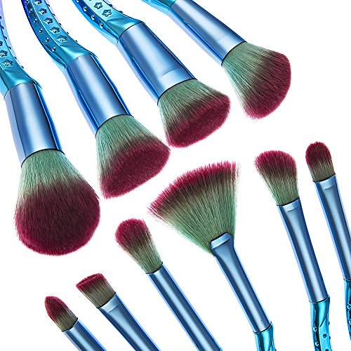 Saking 10 Pieces Mermaid Makeup Brush Set Professional Face Eye Shadow Eyeliner Foundation Blush Lip Makeup Brushes Powder Liquid Cream Cosmetics Blending Brushes Kit - Thumbnail 3