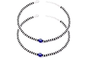 DARSHRAJ Sterling Silver Anklet | Blue Evil Eye Anklet | Black Beads Anklet |10.5 Inches Standard Size With Adjuster 1 Pair of Anklet