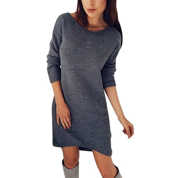 Frauen Langarm Strickkleid,Moonuy Dame Art- und Weiseherbstkleid, Frauen Normallack-elegantes O-Ansatz Strickjacke-langes Hem