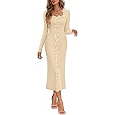 MEROKEETY Women's Fall Long Sleeve Sweater Dress 2025 Bodycon Square Neck Ruffle Ribbed Knit Midi Dresses
