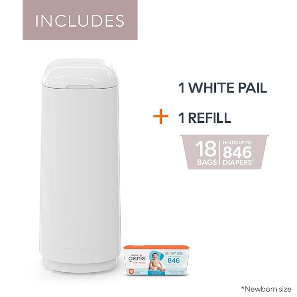 DIAPER GENIE ESSENCE PAIL, WHITE WITH 18 EASY ROLL REFILL BAGS