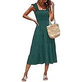 ROYLAMP Women's Summer Ruffled Strap Dress Square Neck Smocked High Waist Tiered A Line Flowy Sun Midi Dresses