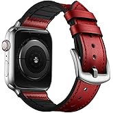 OUHENG Leather Bands Compatible with Apple Watch Band 49mm/46mm/45mm/44mm/42mm, Leather Rubber Hybrid Strap for iWatch Ultra 3/2/1 Series 11 10 9 8 7 6 5 4 3 2 1 SE 3/2/1, Red/Silver
