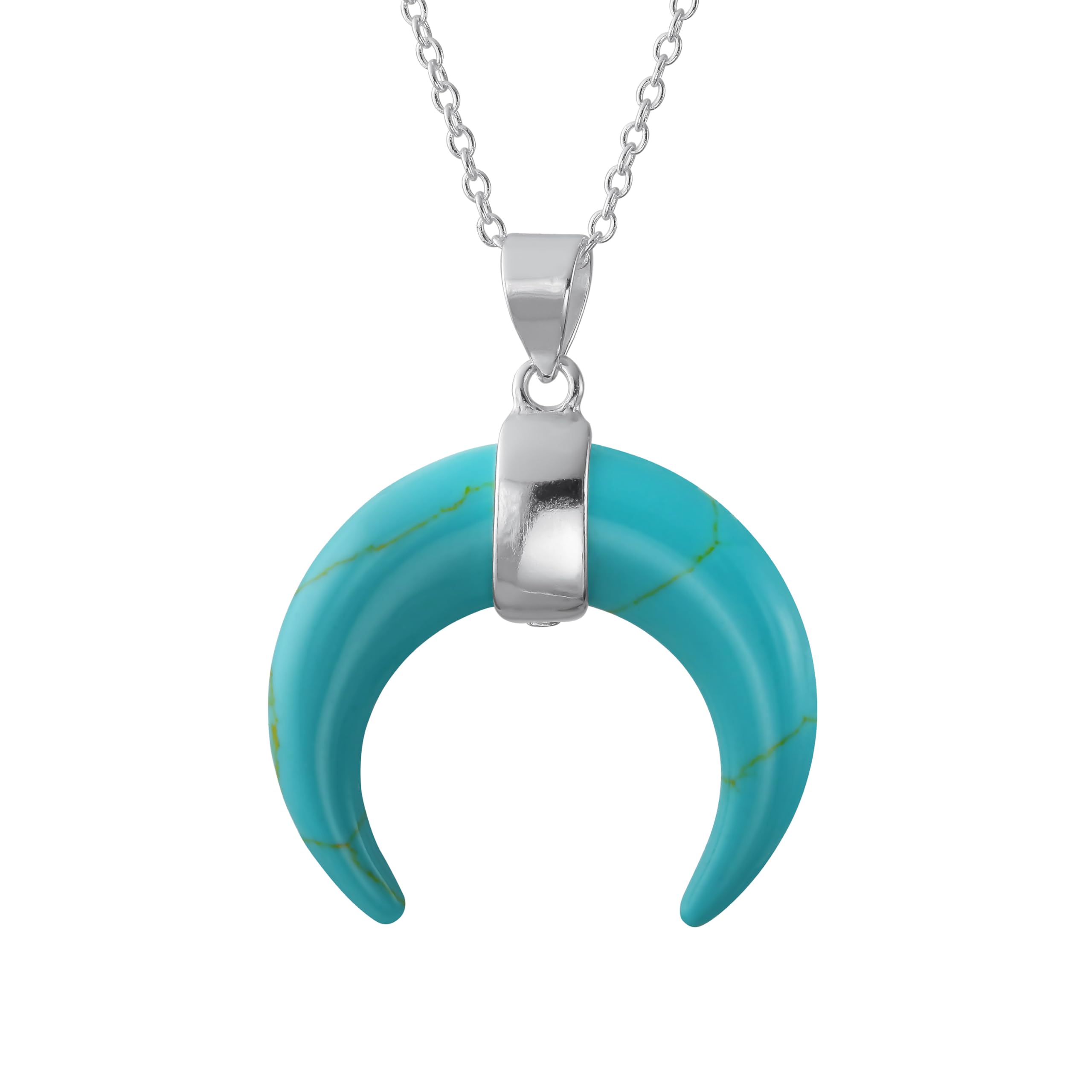 Boho Tribal Style Blue Turquoise Horn Italian Crescent Luna Waning Half Moon Pendant Necklace Western Jewelry For Women For Teen .925 Sterling Silver — image 1