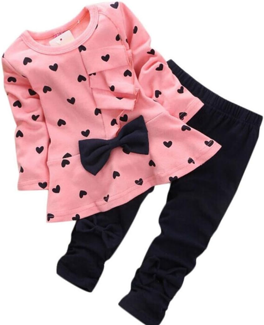 Baby Clothes, Heart-Shaped Print Bow Cute 2PCS Kid T Shirt + Pants Sets