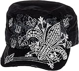 Crystal Case Womens Cotton Rhinestone Fleur de Lis Cadet Cap Hat (Black)