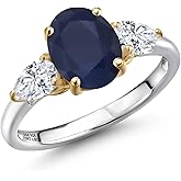 Gem Stone King 925 Silver and 10K Yellow Gold Blue Sapphire and White Moissanite Engagement Ring For Women | 3.00 Cttw | Oval 9X7MM | Gemstone September Birthstone
