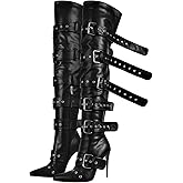 onlymakerheels Multi Buckle Strap Over the Knee Pointed Toe Belts Stiletto Heeled Booty Thigh High
