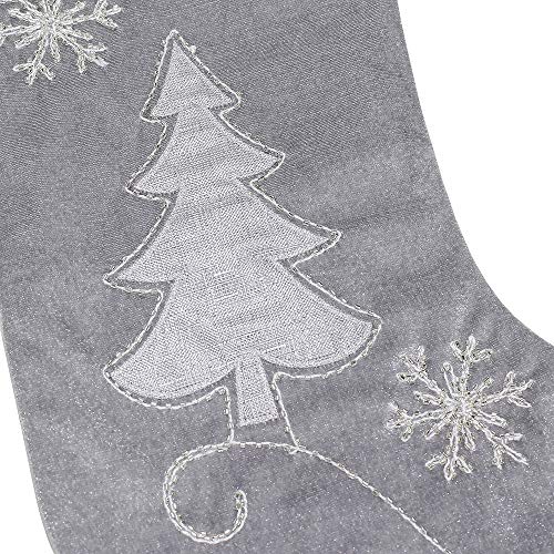 Silver Velvet Christmas Stockings - 3-Pack of 20 inch Velvet Holiday Stockings with Festive Christmas Tree Applique and Beaded Snowflake Embroidery - Thumbnail 2