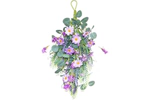 MISNODE Artificial Daisy Flower Wreath Swag, 19.7 Inch Artificial Teardrop Swag with Lavender and Eucalyptus Leaves, Hanging Front Door Spring Wreath for Wedding Home Decor