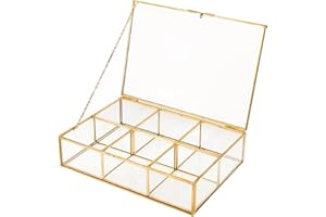 HighFree Gold Glass Tea Bag Organizer, Tea bag Storage Glass Box with Lid, Counter Top Collection Box for Tea Bags, Surgar Bags & Coffee Bags, Clear Keepsake Display Box (6 Compartments)
