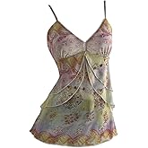 Verdusa Women's Y2k Mesh Tank Top Babydoll Floral Camisole 2000s Clothing Ruffle Going Out Tops