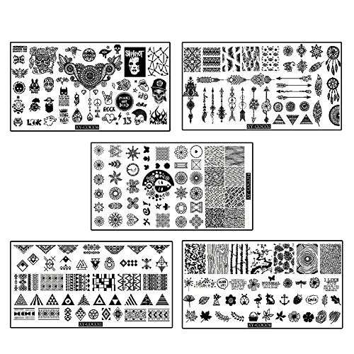 WOKOTO 5Pcs Nail Art Image Stamping Plates Feathers Flower Animals Rock Design Metal Template Nail Art Stamp Stencils With Stamper Scraper Kit