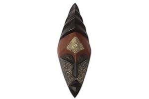 NOVICA Black and Red Congolese Wood African Mask with Aluminum Accents, Keeping Order'