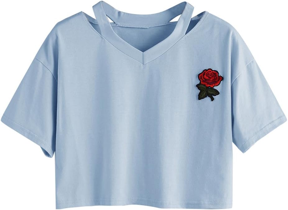 LEvifun Women Teen Girls Crop Top Off The Shoulder V Neck Rose Appliques Bow Tie Knot Front Floral Long Sleeve Shirt Tops Blouse Jumper
