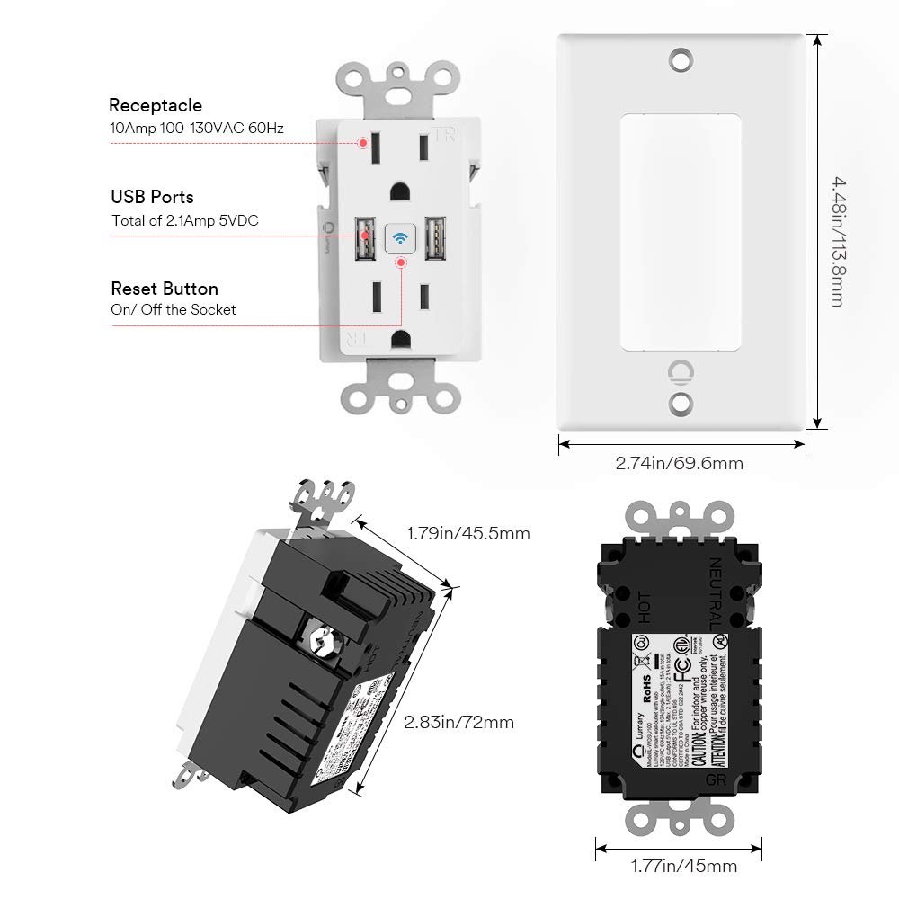 Lumary Smart WiFi In-Wall Outlet 15 Amp Tamper Resistant Split Duplex Receptacle - 2 Plugs and 2 USB Ports, Compatible with Alexa, Google Home, and IFTTT(No Hub required)