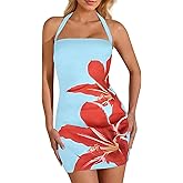 Women's Halter Mini Dress Summer Sexy Floral Print Backless Bodycon Short Dress Tie Back Party Casual Going Out Clothes