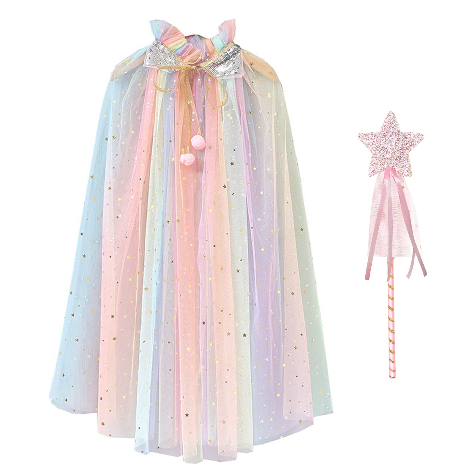 Cosysparks Princess Cape for Girls, Colorful Princess Cloak Sparkling Sequins Tulle Cape Fancy Dress Halloween Costume with Fairy Wand for 6-10 Years Old Girls (Colorful)