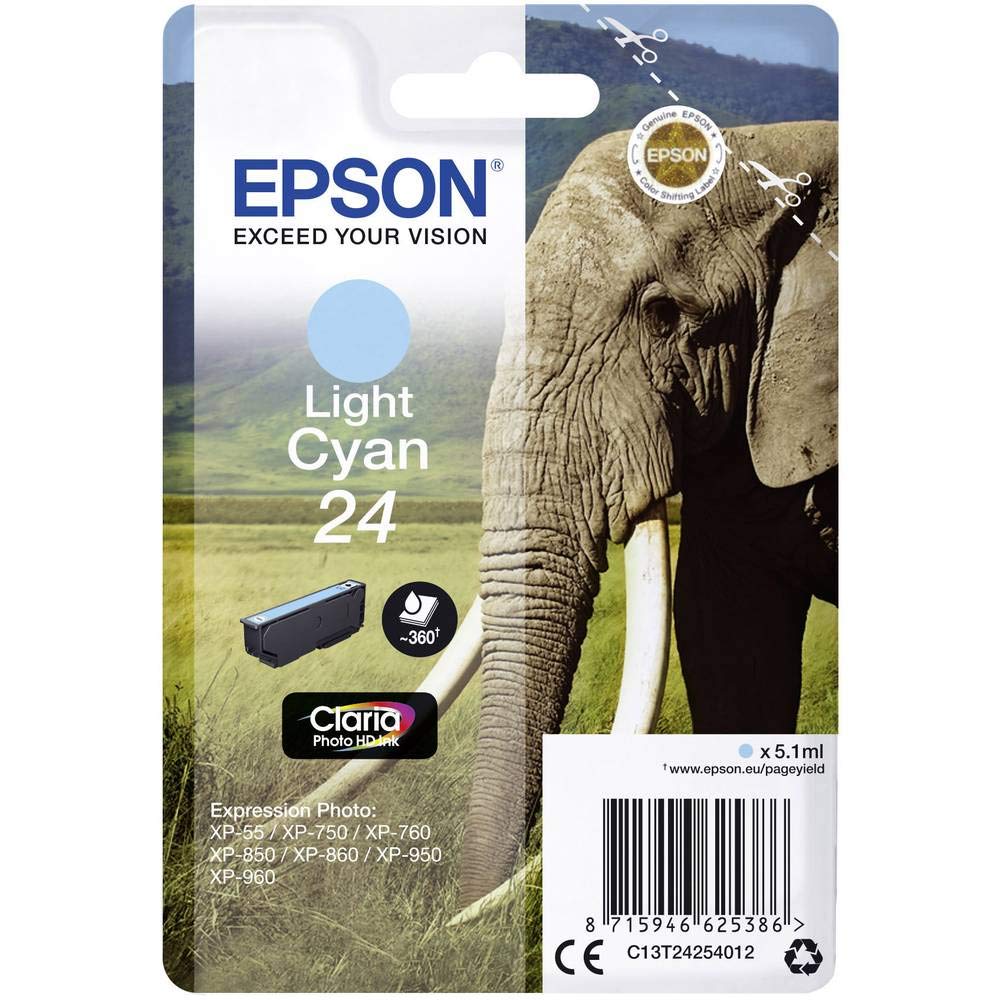 Epson 24 Light Cyan Elephant Genuine, Claria Photo HD Ink Cartridge, Standard Capacity