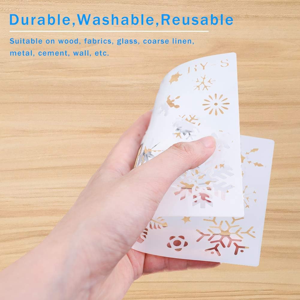 Koogel 7PCS Christmas Stencils, Including 3PCS Winter Stencils and 4PCS Holiday Stencils, Plastic Stencil Template for Planner Diary Card DIY Drawing Painting Craft Projects