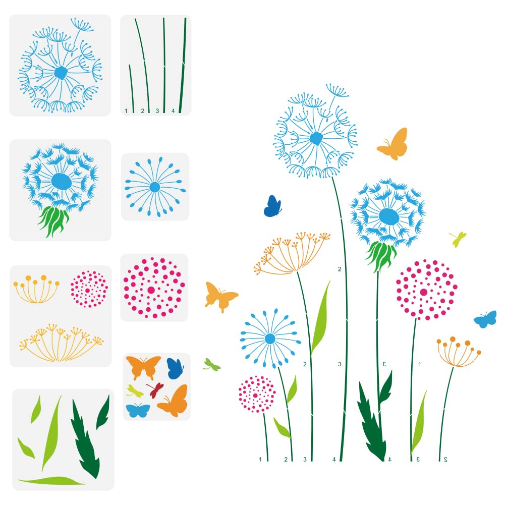 FINGERINSPIRE 8PCS Dandelion Cluster Painting Stencil Reusable Butterfly Dragonfly Template Large Flower Stencil for Garden Fence Plant Theme Template for Painting on Wall Wood