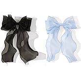 2PCS Large Blue Hair Bows, Chiffon Hair Ribbon Clips, Vintage Ribbon Bows Clips, Oversized Hair Bow Barrettes for Women, Long Tail Hair Bows Hair Styling Accessories