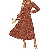 ZESICA Women's Fall Boho Floral Midi Dress 2026 Casual Long Sleeve Crewneck Flowy Wedding Guest Long Dresses
