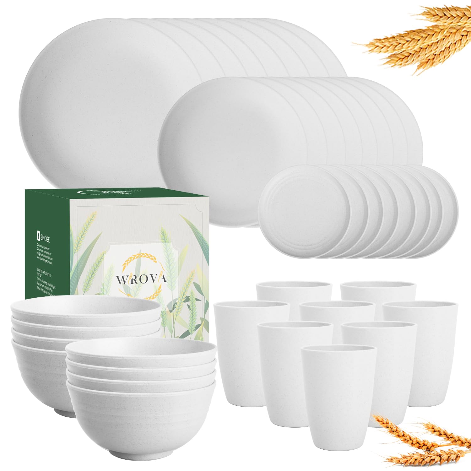 Photo 1 of Wrova Wheat straw bowl and plate sets of 40 with cups for kids - Unbreakable plastic dinnerware sets service for 8 - Microwave and Dishwasher safe dish sets for kitchen and camping. White