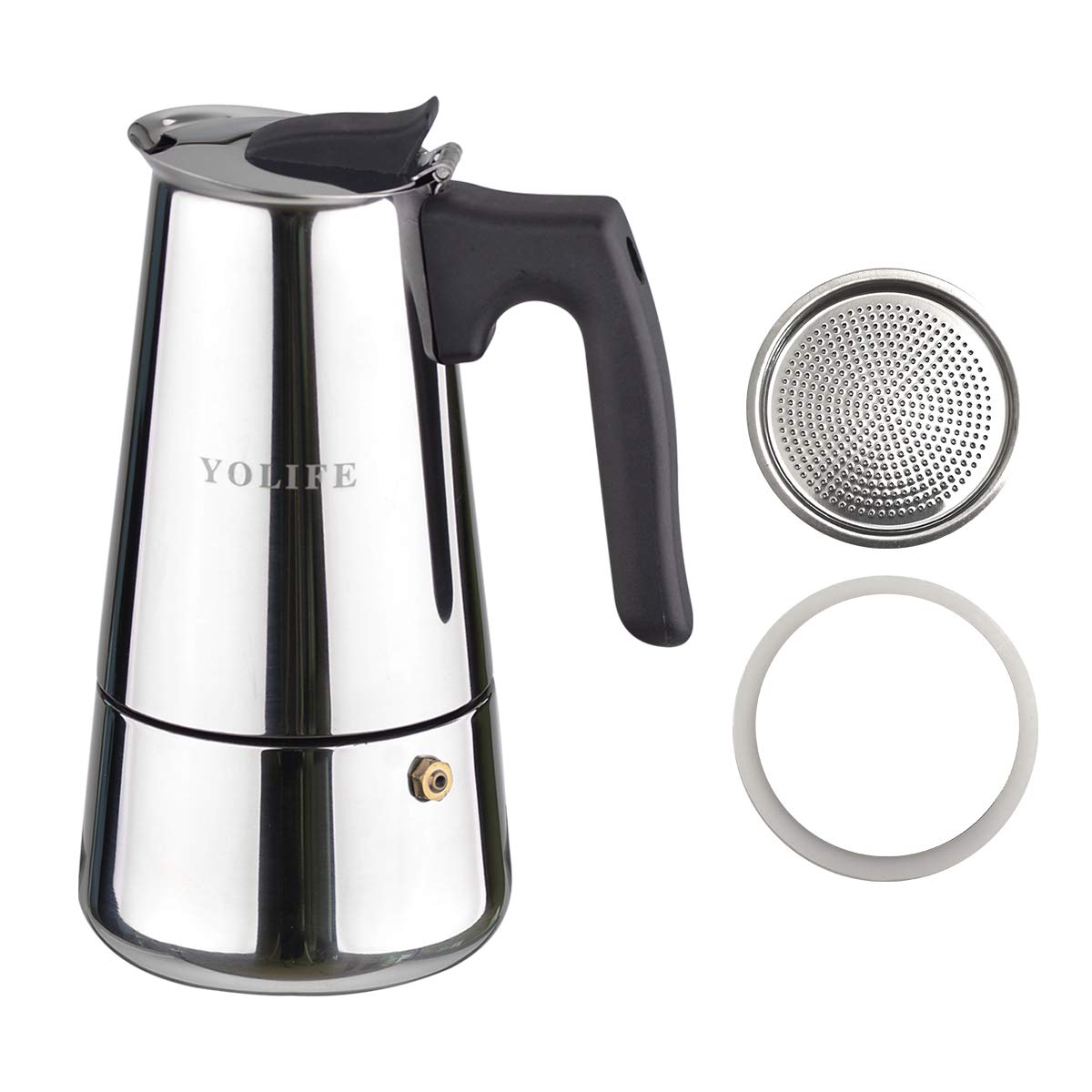 YOLIFE 6 Cup Stovetop Espresso Maker,Stainless Steel Moka Pot,Contain 1 Set Replacement Gasket and Filter Plate Bundle