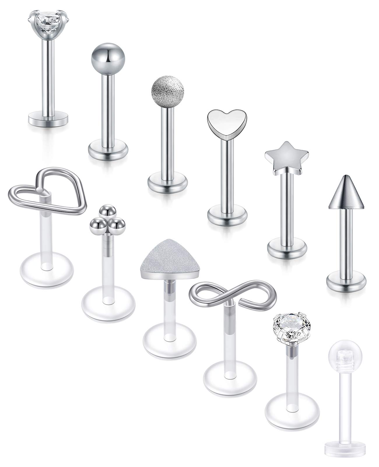 Funseedrr 10pcs 16 Gauge Lip Larbet Stud Piercing Bars Set 6mm 8mm Silver Stainless Steel Tragus Helix Piercing Jewellery