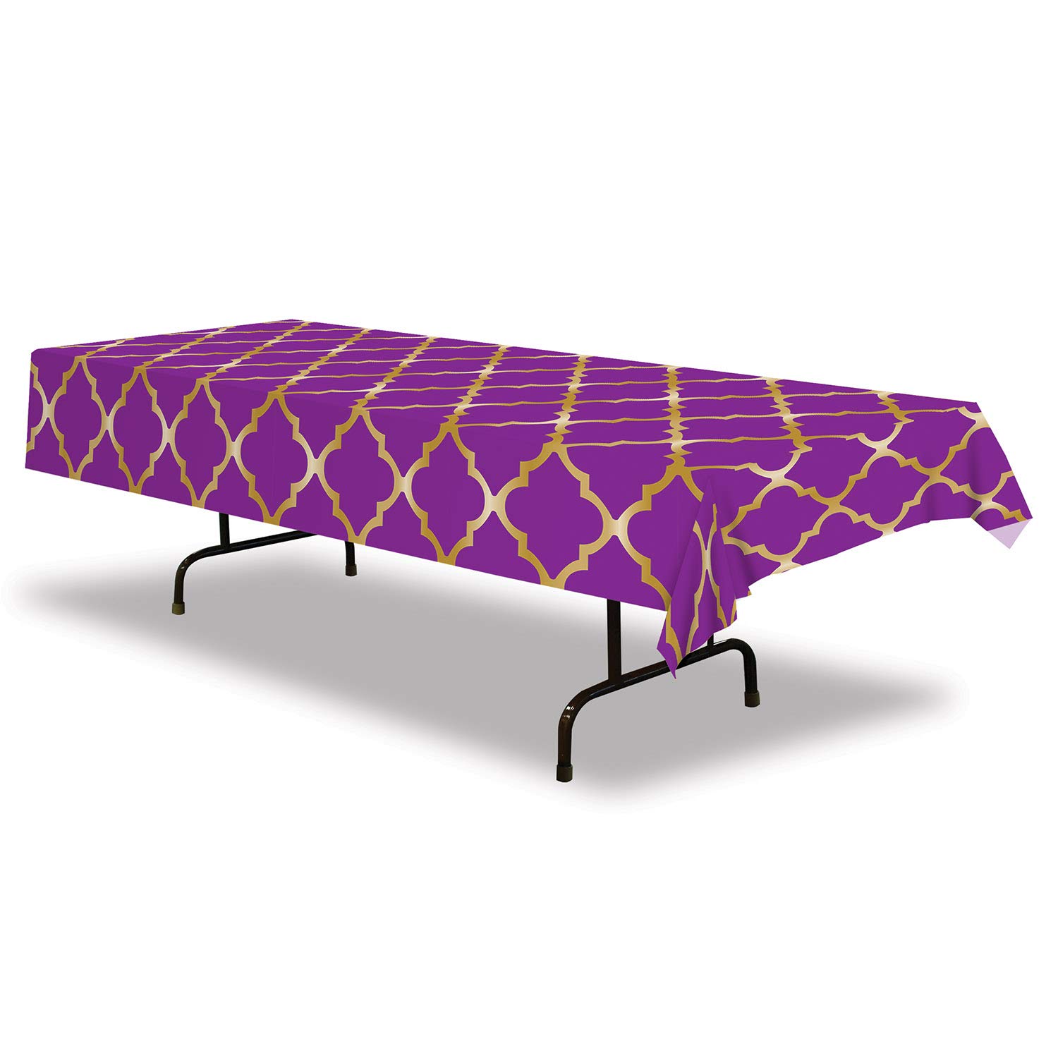 A Beistle Creation 2 Piece Plastic Rectangular Arabian Nights Theme Lattice Table Covers Moroccon Tableware, Purple/Gold, 54 Inches x 108 Inches