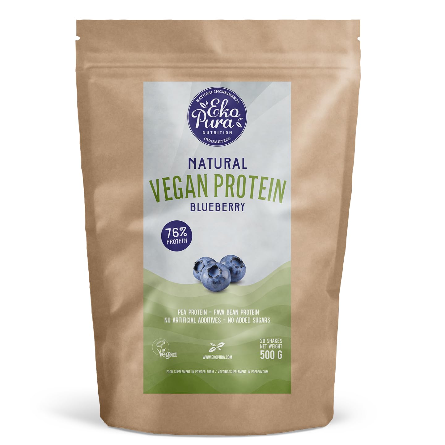 Ekopura Natural Vegan Protein - Blueberry - 76% Protein, Natural Ingredients, Additive Free, Beige
