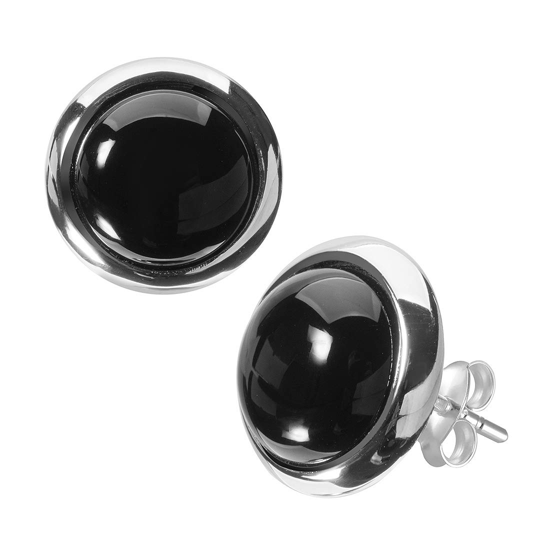Materia Women's Stud Earrings Onyx Gemstone 925 Silver Black Round Rhodium-Plated in Jewellery Box #SO-349, Onyx