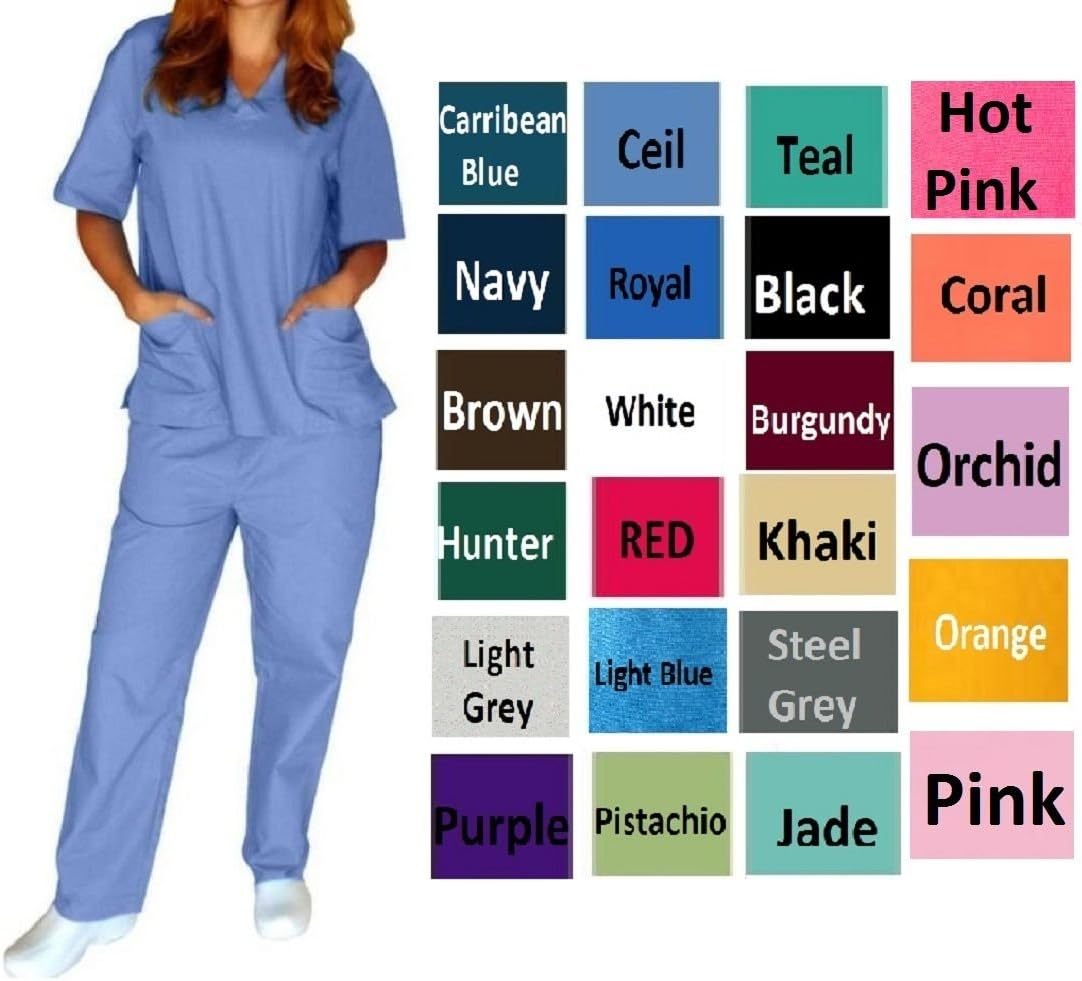 Womens V-Neck Solid Scrub Set Medical Uniform Top and Pant 2 Piece Sets Sizes XS-5XL (Available in 17 Colors)