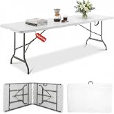 GlowitLian 8FT Folding Table Portable Picnic Table Heavy-Duty Fold-in-Half Utility 8 Foot Foldtable Table with Carry Handle for Outdoor Indoor Party, Dining, Wedding, Camping, White