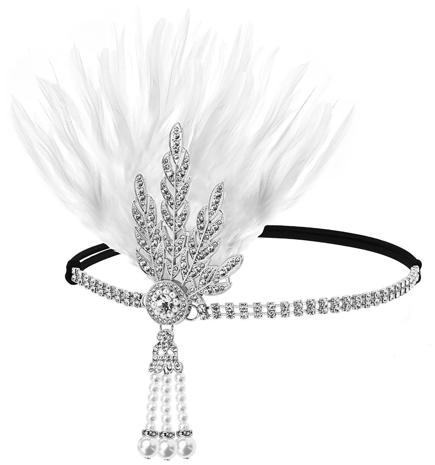 Initlove 1920s Feather Flapper Headband Vintage Gatsby Flapper Headpiece for Costume Prom Wedding Carnival Party Silver White