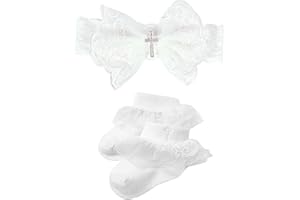 Baptism Sets for Baby Girls, White Cotton Headbands with Flower Bows and Frilly Christening Socks for Newborn Infant Toddler,