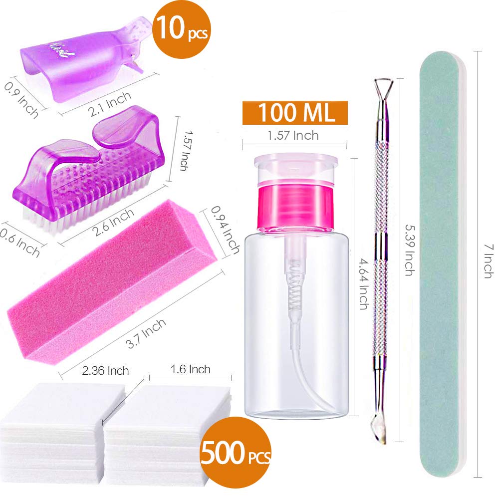 Nail Polish Remover Tools Kit - 500 Pcs Polish Remover Cotton Pads, 10 Pcs Purple Polish Remover Clips Caps, 1pc Nail Polish Remover Bottle, 1pc Cuticle Pusher, 1pc Nail Brush, 100/180 Grit Nail File and Rectangular Nail Buffer Block Tools : Beauty