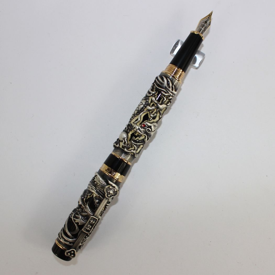 Gullor Fountain Pen Dragon/Loong & Phoenix antique silver medium fountain pen screw cap