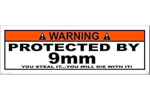MFX Design Warning Protected by 9Mm Sticker Decal Laptop Sticker Decal Toolbox Sticker Decal Window Sticker Decal Helmet Sticker Decal Vinyl - Made in USA 4.25 in. x 1.25 in.