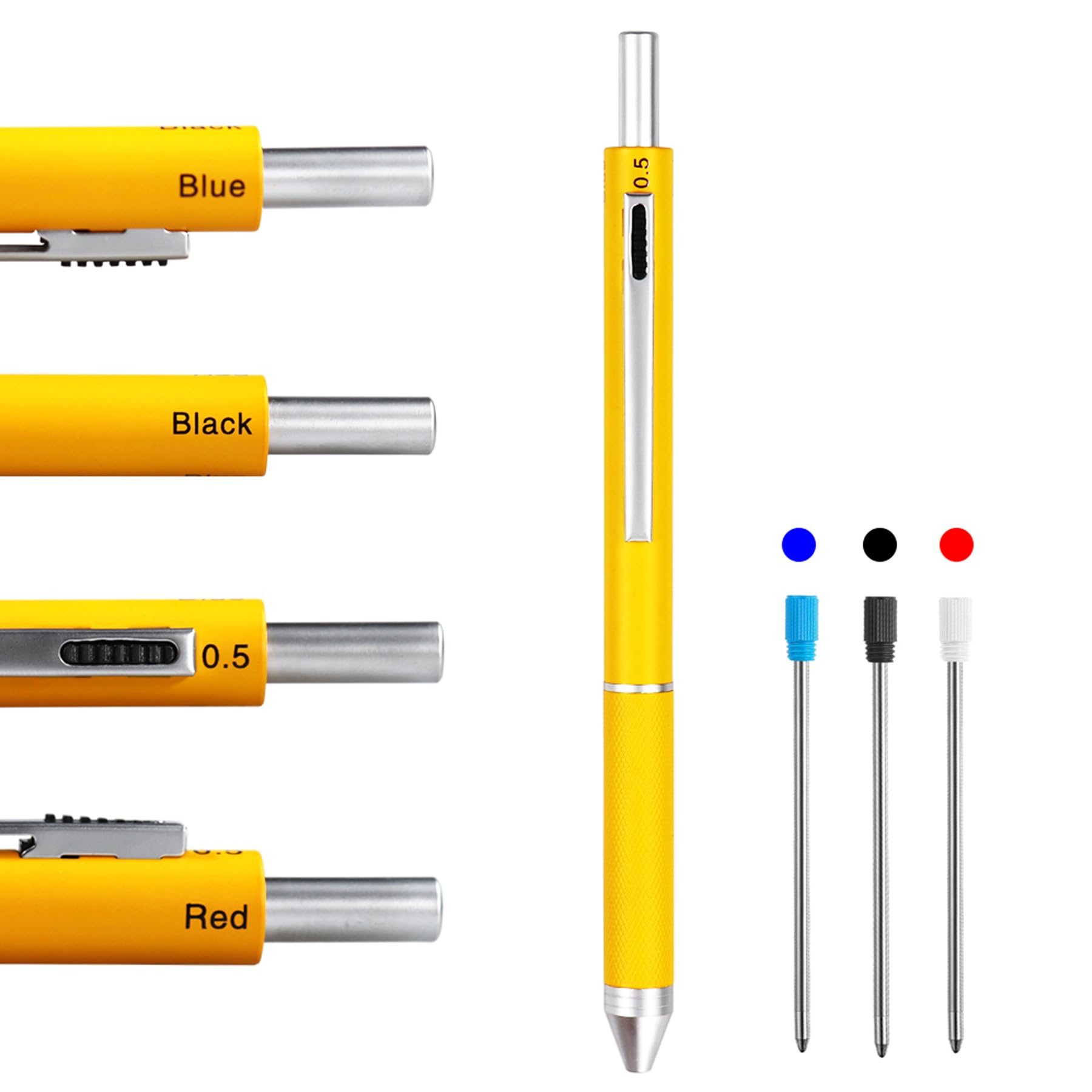 HeTaoCat 4 in 1 Multicolor pen, Metal Cased Multifunction Pen, 0.5mm Mechanical Pencil, Red, Blue and Black (Yellow)