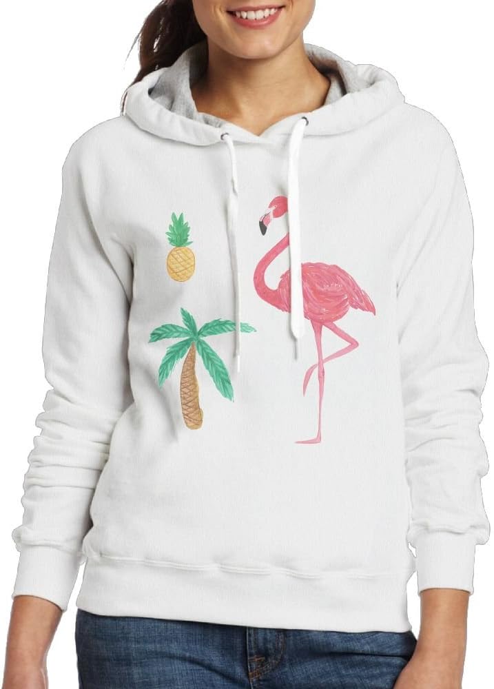 Grhoodie1 Flamingo Pineapple Palm Tree Women's Soft Long Sleeve Pullover Hooded Sweatshirt White Size L