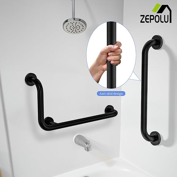 BLACK L-SHAPED GRAB BAR 12X24 INCH + KNURLED SHOWER GRAB RAIL 20 INCH, ZEPOLU STAINLESS STEEL TOILET SAFETY BAR 90 DEGREE, ANGLED BALANCE SUPPORT ASSIST BAR FOR ELDERLY, BATHROOM MOBILITY AID HANDRAIL