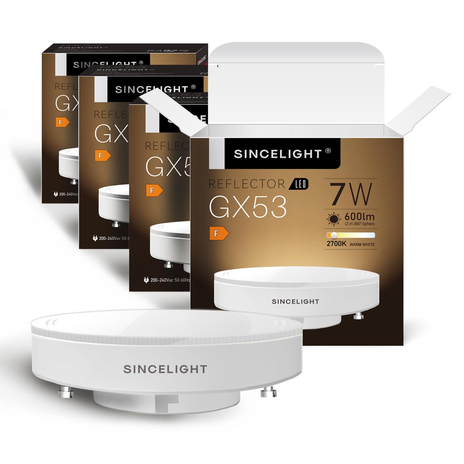 SINCELIGHT LED GX53 Cabinet Light Reflector Bulb, 7W (50-60W Equivalents), Warm White 2700K, Adapt to GX53 Fixture, Kitchen Units, Display Cabinets and Under-Shelf Lighting, Pack of 4 — image 1