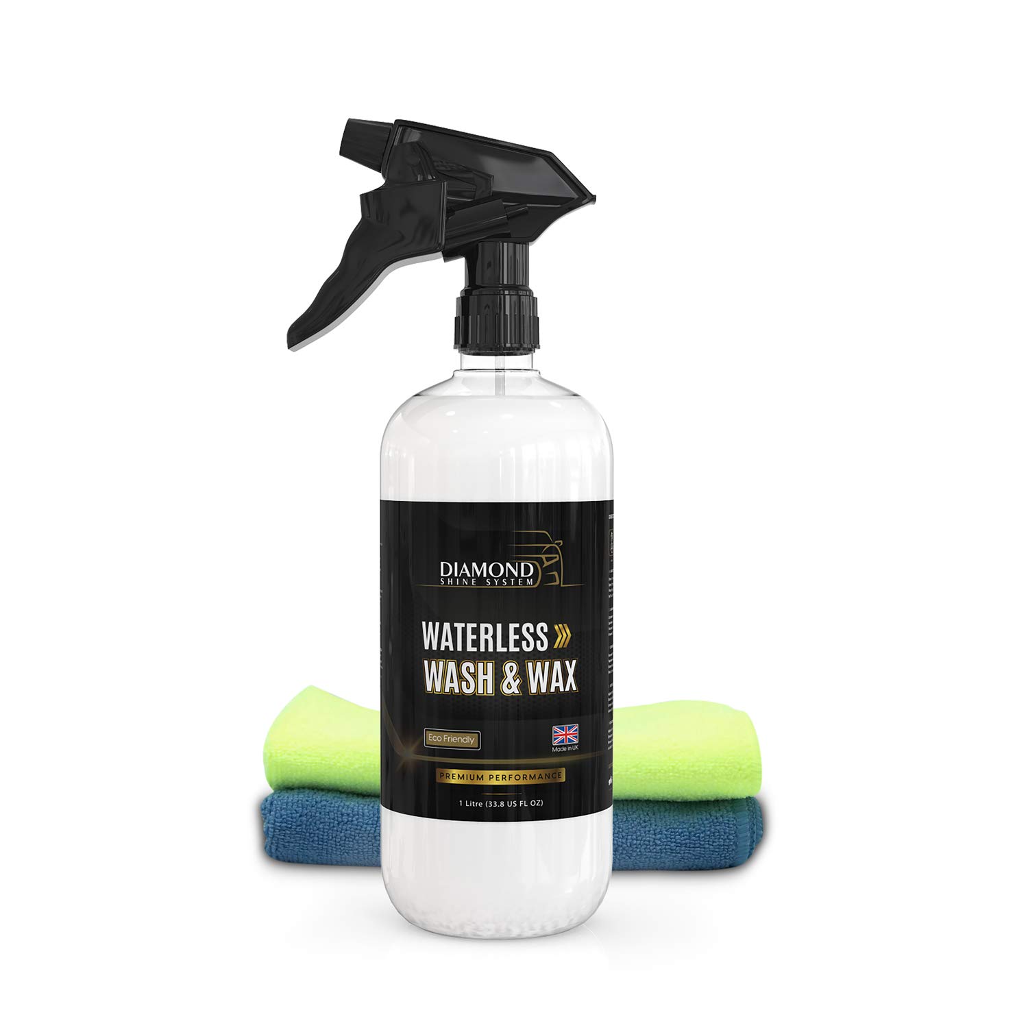 Diamond Shine Waterless Car Wash & Wax Spray, 1L Bottle – Quick Car Cleaner & Polish for All Vehicles – Eco-Friendly Detailing with Microfibre Cloths – No-Rinse Shine for Paintwork & Glass