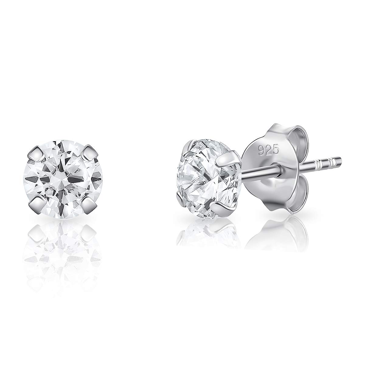 925 Sterling Silver Stud Earrings with Cubic Zirconia CZ - Hypoallergenic Earrings for Women and Men - Butterfly Back Studs - Diameter 6 mm
