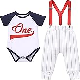 IBTOM CASTLE Baby Boy First Birthday Outfit Baseball 1st Birthday Outfit Baseball Romper+Striped Pant+Suspenders